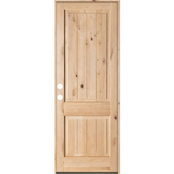 Krosswood Doors 36 in. x 96 in. Rustic Square Top 2 Panel Right-Hand Inswing Unfinished Knotty Alder V-Grooved Wood Prehung Front Door