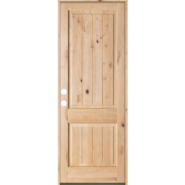 Krosswood Doors 42 in. x 96 in. Rustic Square Top 2 Panel Right-Hand Inswing Unfinished Knotty Alder V-Grooved Wood Prehung Front Door