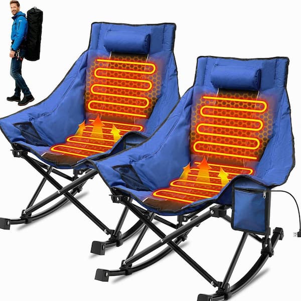 Heated Camping Rocking Chair, Dual-Zone 3-Level Heated Camping Chair with Cup Holder, Portable Folding Padded Chair