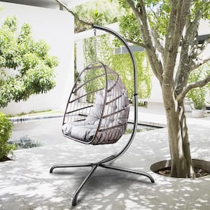 Foldable Wicker Rattan Hanging Egg Chair with Stand, Swing Chair with Cushion and Pillow-Brown