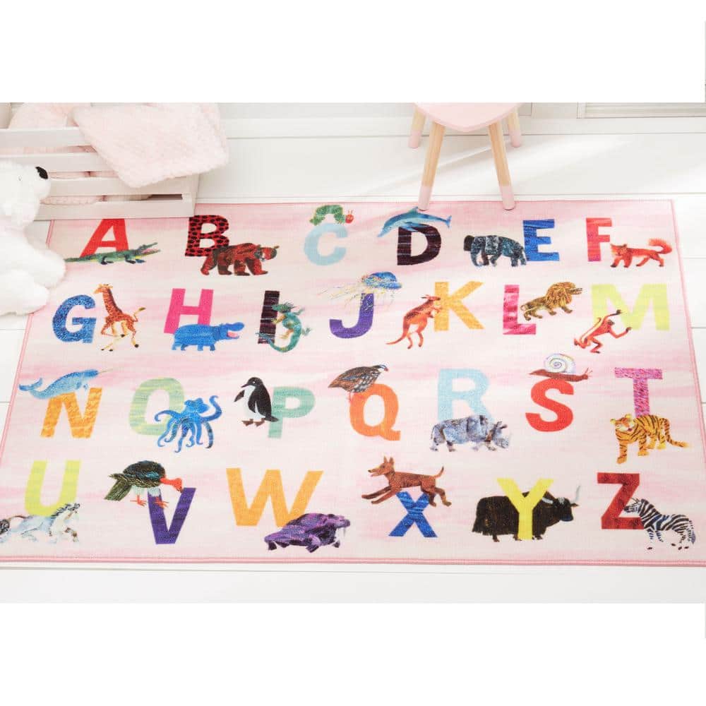 Pink Synthetic Rectangular Kids Alphabet Area Rug 35" x 51"
