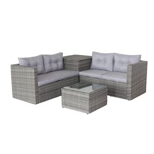4-Piece Rattan Wicker Outdoor Sectional Furniture Sofa Set with Storage Box, Gray Cushions for Garden, Porch, Balcony