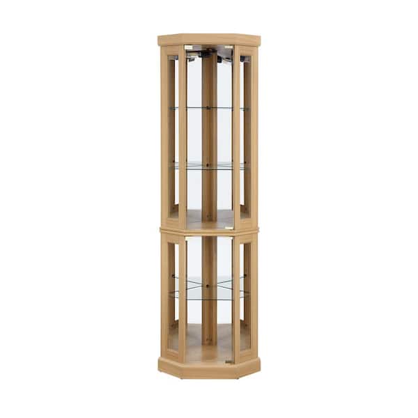 Tileon 15.31 in. W x 15.31 in. D x 69.85 in. H Brown Linen Cabinet Corner Lighted Curio Cabinet Glass Display Case