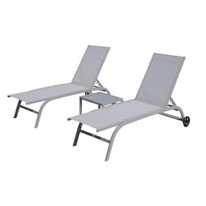 3-Piece Metal Outdoor Chaise Lounge, Pool Lounge Chairs with Side Table, Adjustable Recliner All Weather, Gray