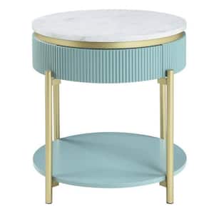 23 in. White and Teal and Gold Round Faux Marble End Table with Teal Redded Edge