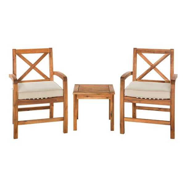 Walker Edison Furniture Company Brown, 3-Piece, Wood Conversational Patio Set with Cream Cushions