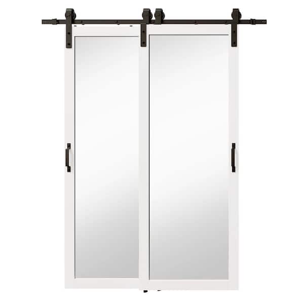 TENONER 60 in. x 84 in. Mirrored Glass, White, MDF, Bypass Double Pre-Assembled Panel Sliding Barn Door with Hardware Kit