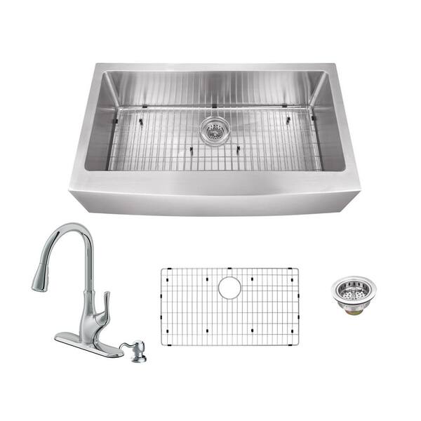 IPT Sink Company All-In-One Farmhouse Apron Front 16-Gauge Stainless Steel 29-3/4 in. Single Bowl Kitchen Sink with Gooseneck Faucet