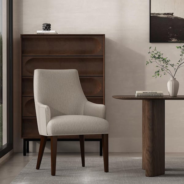 Beever Modern Taupe Chenille Fabric Upholstered Dining Armchair with Rubberwood Legs
