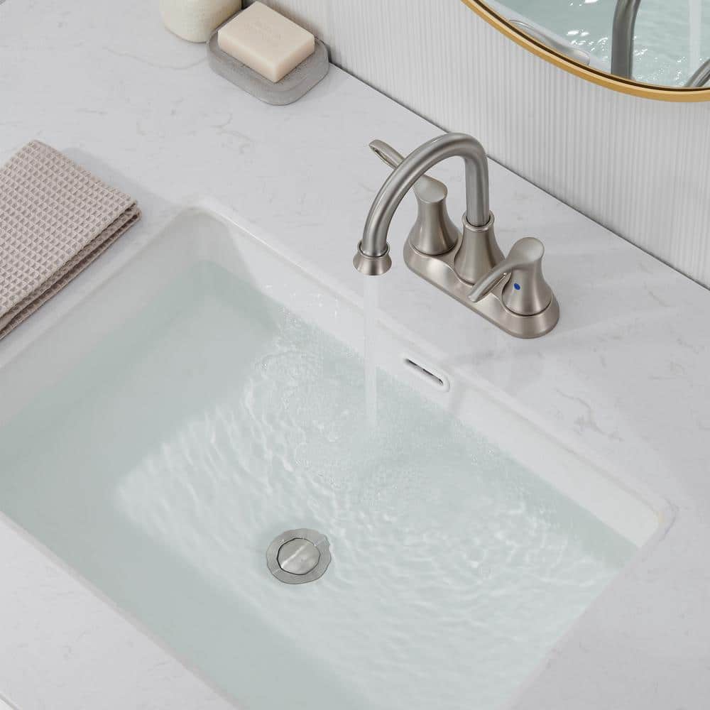 Brushed Nickel Dual Handle High Arc Bathroom Faucet with Metal Drain