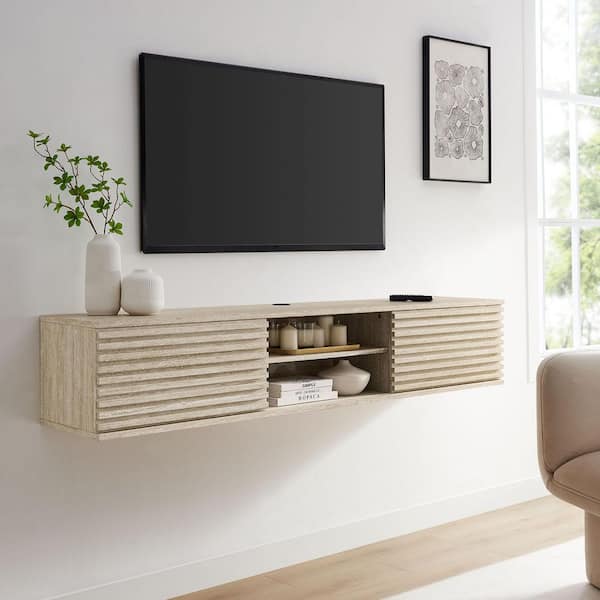 Render 70 in. Faux Travertine Wall-Mount Media Console TV Stand in Travertine