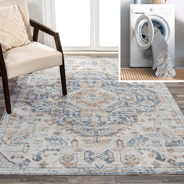 Shaemus Bohemian Medallion Low-Pile Machine-Washable 8 ft. x 10 ft. Cream/Blue/Terra Area Rug
