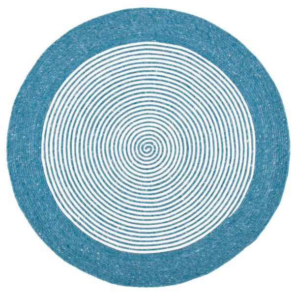 SAFAVIEH Braided Teal Ivory 4 ft. x 4 ft. Border Striped Round Area Rug