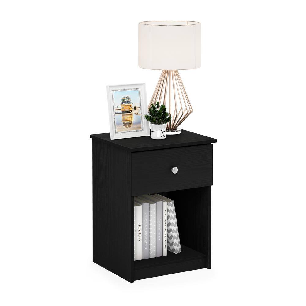Black Oak 1-Drawer Nightstand Set with Silver Knobs