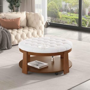 36 in. Ivory White Round Wood Coffee Table with Upholstered Finish and 2-Tier Storage