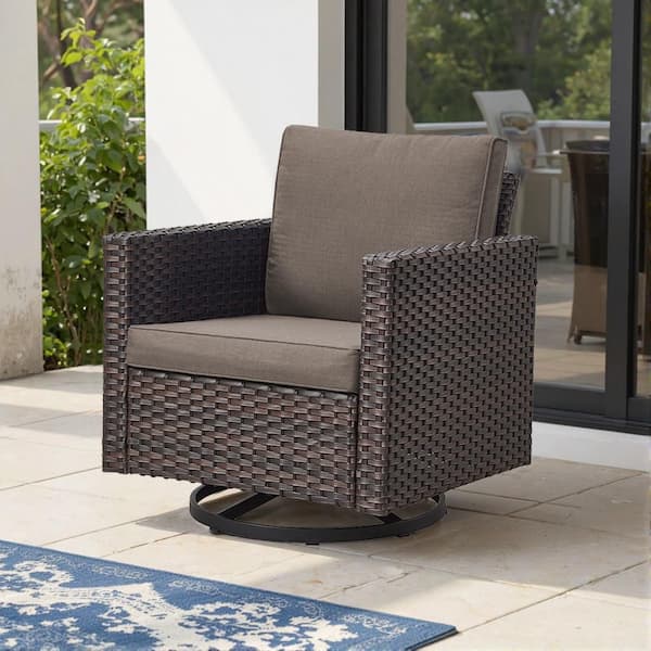 Patio Brown Wicker Outdoor Rocking Swivel Chair Glider with Gray Cushions