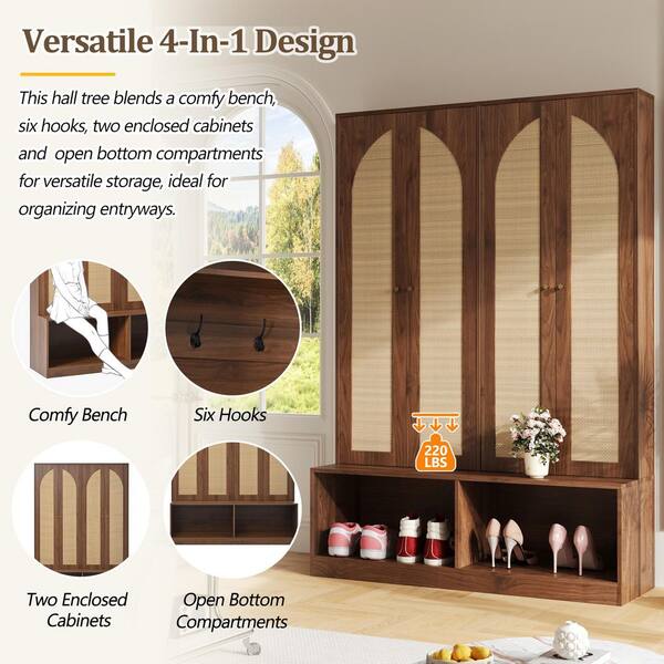 aisword Walnut Mid-Century Versatile 4-in-1 Widen Hall Tree with 4