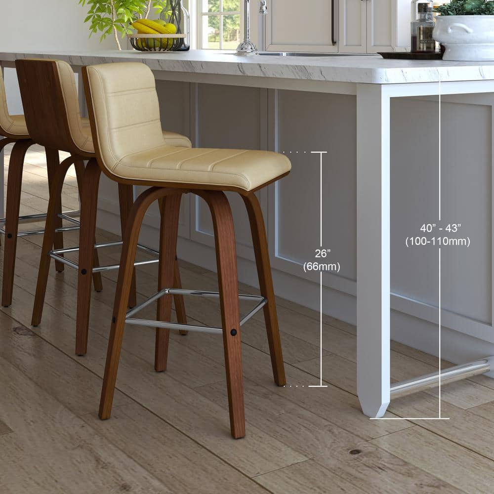26" Cream Faux Leather and Walnut Wood Swivel Bar Stool