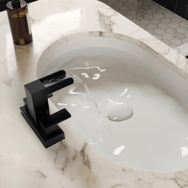 Open Trough Waterfall 4 in. Centerset Double Handle Bathroom Faucet 1.03 GPM in Matte Black Drain Not Included
