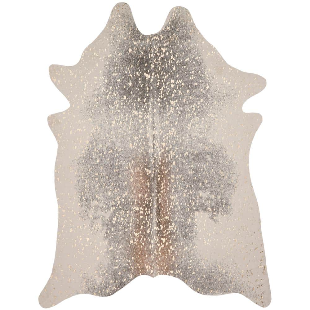 Elegant Gray Rectangular Cowhide-Inspired Wool Rug