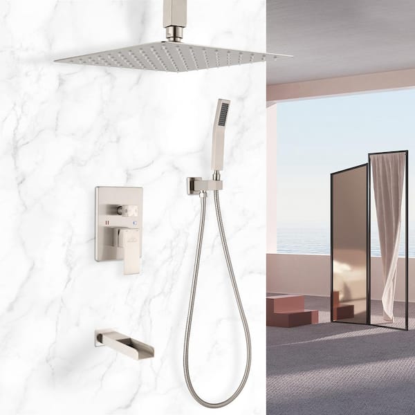 Single-Handle 1-Spray Patterns 12 in. Ceiling Mount Tub and Shower Faucet in Brushed Nickel (Valve Included)