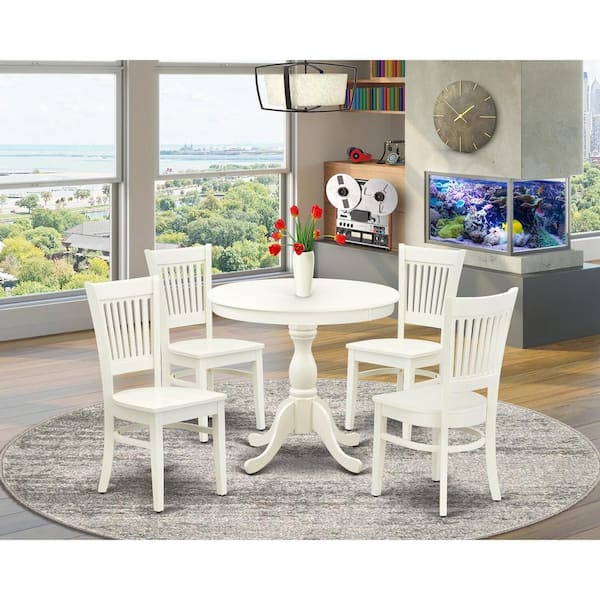 5-Piece Linen White Finish Solid Wood Top Dining table with 4 Chairs with Slat Back