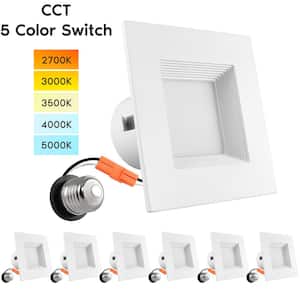 4in Square Can Light 5 Color Selectable LED Recessed Light Kit Dimmable 750lm Remodel Wet Rated Baffle Trim (6 Pack)