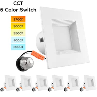 4in Square Can Light 5 Color Selectable LED Recessed Light Kit Dimmable 750lm Remodel Wet Rated Baffle Trim (6 Pack)