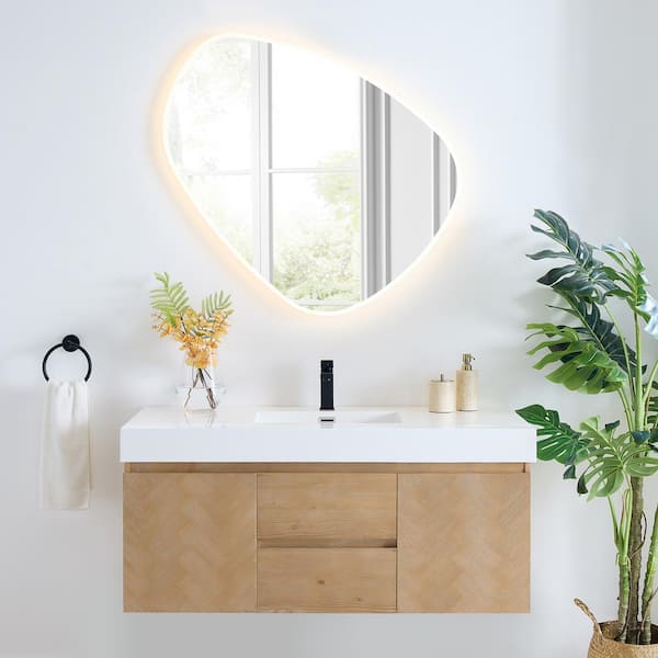 Altair Siena 48 in. W Single Sink Floating Bath Vanity in Light Brown with White Stone Top and Mirror