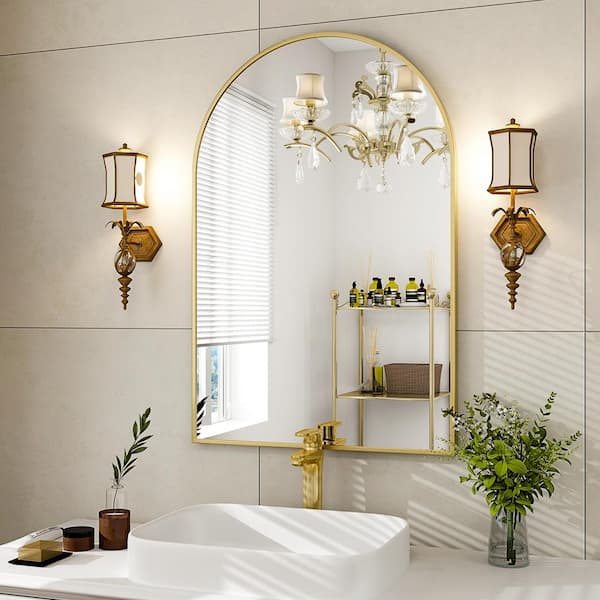 GLSLAND 26 in. W x 38 in. H Arched Metal Framed Wall Bathroom Vanity Mirror Gold