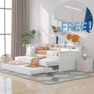 White Twin XL Wood Daybed with 2 Trundles, 3 Storage Cubbies, 1 Light for Free and USB Charging Design