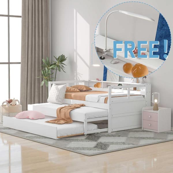 Harper & Bright Designs White Twin XL Wood Daybed with 2 Trundles, 3 Storage Cubbies, 1 Light for Free and USB Charging Design