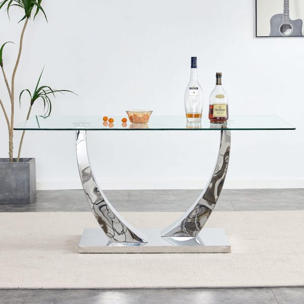 Modern Rectangle Silver Glass Pedestal Dining Table Seats for 6 (63.00 in. L x 30.00 in. H)