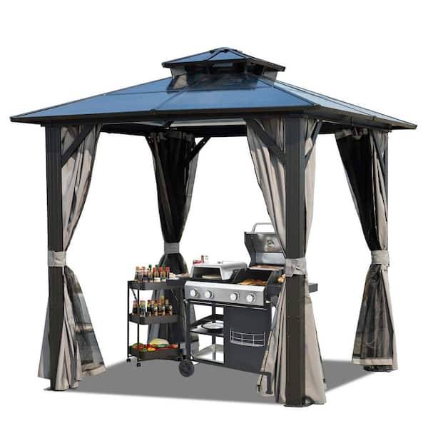 8 ft. x 8 ft. Grey BBQ Grill Gazebo with Polycarbonate Double Roof, Outdoor Barbecue Gazebo Aluminum Frame for Patio
