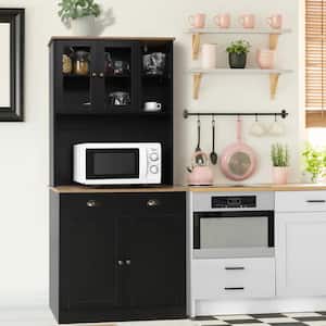 Black Wood 31.5 in. W Kitchen Pantry Cabinet Storage Hutch with Adjustable Shelves, Buffet Cupboard and Microwave Stand