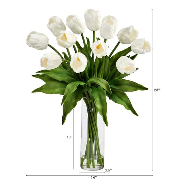 Nearly Natural 23 in. White Artificial Tulip Floral Arrangement with Cylinder Glass Vase