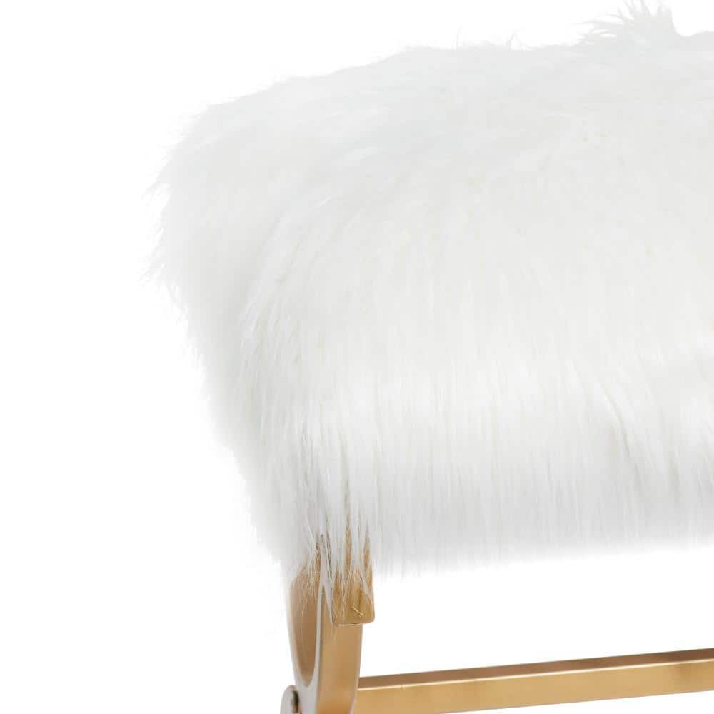 Chic Gold Metal 42" Entryway Bench with White Faux Fur Cushion