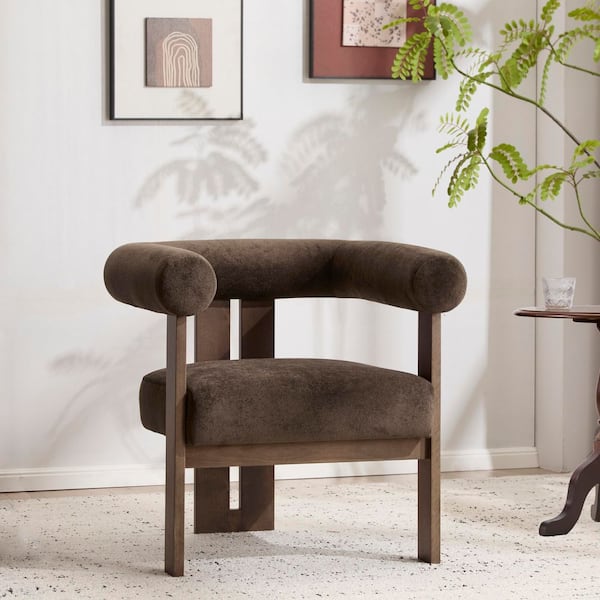 Dark Brown Velvet Upholstered Round Arm Chair with Solid Birch Wood Legs