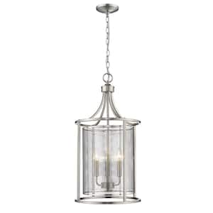 Verona 14 in. W x 27 in. H 3-Light Brushed Nickel Pendant Light with Steel Cylinder Mesh Shade
