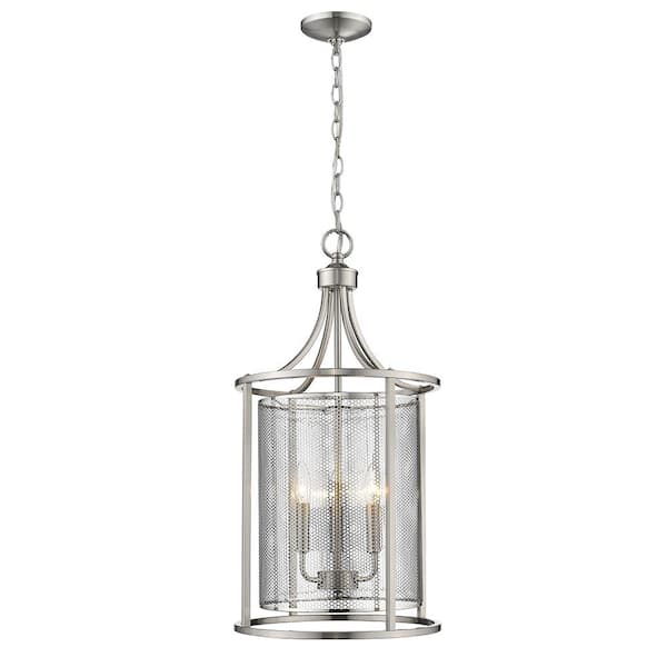 Verona 14 in. W x 27 in. H 3-Light Brushed Nickel Pendant Light with Steel Cylinder Mesh Shade