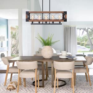5-Light Brown Rectangle Rustic Industrial Chandelier for Kitchen Island Dining Room