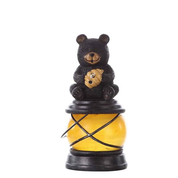 Hi-Line Gift Bear Sitting with Hive and Bee Solar Lantern Garden Statue