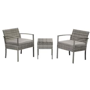 3 Pieces Wicker Patio Conversation Seating Set, 2-Arm Chairs and 1-Coffee Table, with Gray Cushions, for Garden