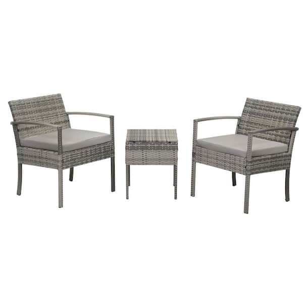 Unbranded 3 Pieces Wicker Patio Conversation Seating Set, 2-Arm Chairs and 1-Coffee Table, with Gray Cushions, for Garden