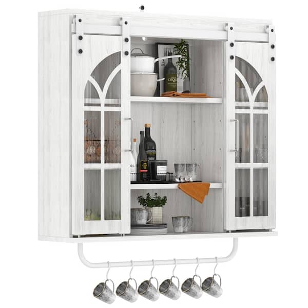 FUNKOL 30.7 in. x 6.89 in. x 27.76 in. 3-Shelf White Chipboard Wooden Kitchen Storage Cabinet 2 Sliding Doors/5 White Hooks
