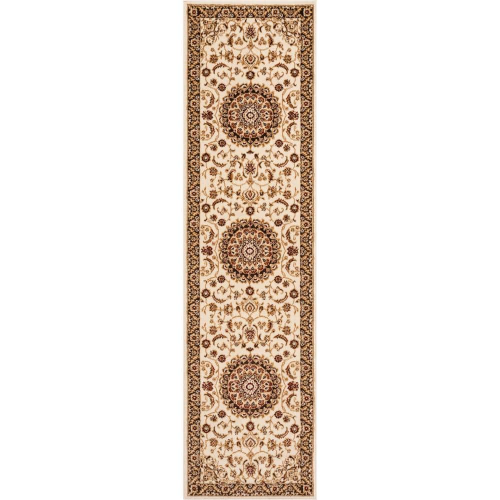 Ivory and Beige Oriental Synthetic Runner Rug