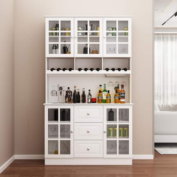 White Wood 47.2 in. W Food Pantry Cabinet, Storage Cabinet, Sideboard with 3 Drawers, 4 Cabinet and Wine Rack