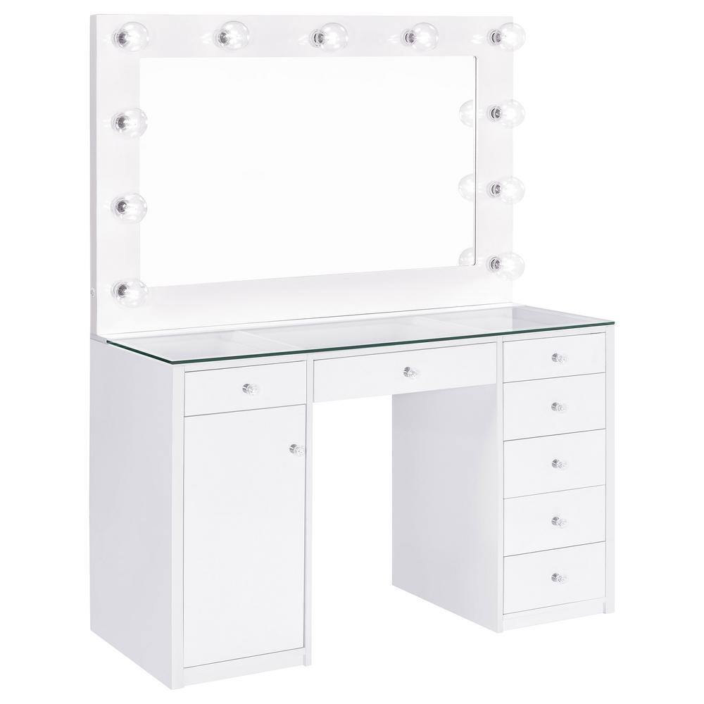 White Glass Top Vanity Desk with LED Mirror and 7 Drawers
