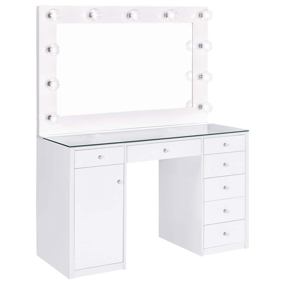 White Glass Top Vanity Desk with LED Mirror and 7 Drawers