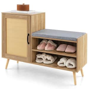 30 in. H x 41.5 in. W Rattan Shoe Storage Cabinet with Bench 3 Adjustable Shelves & Solid Pine Wood Legs